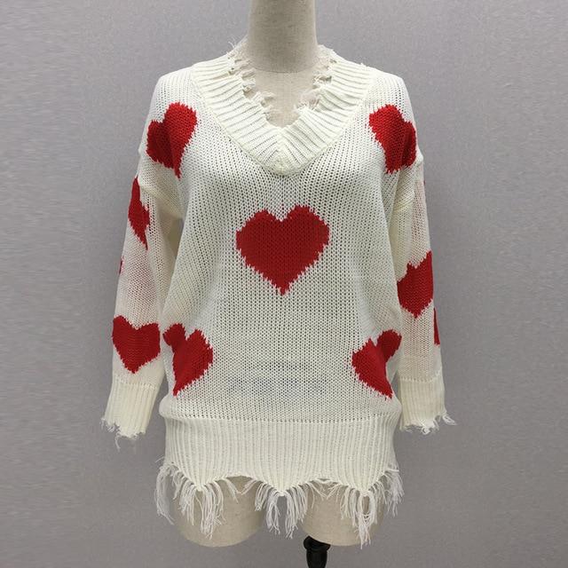 Ragged Fringe Hem Deep V Heart Sweater