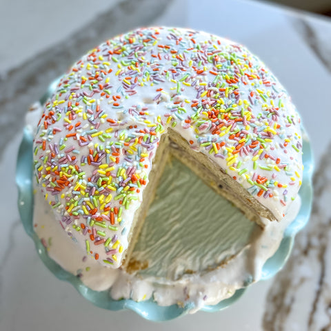 8" round dairy-free gluten-free funfetting ice cream cake made with DiNoci Dairy-Free
