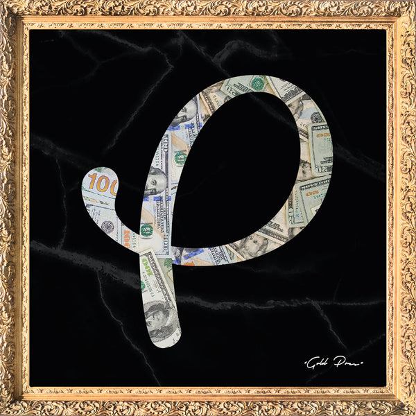 pintura de obra maestra del álbum pres dorado con mármol negro y una "P" con dinero dentro