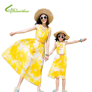 2018 Summer Style Sleeveless Mother&kids Dress Family Matching Outfit Girl Dress Printed Bohemia Girls Clothes Princess Dress