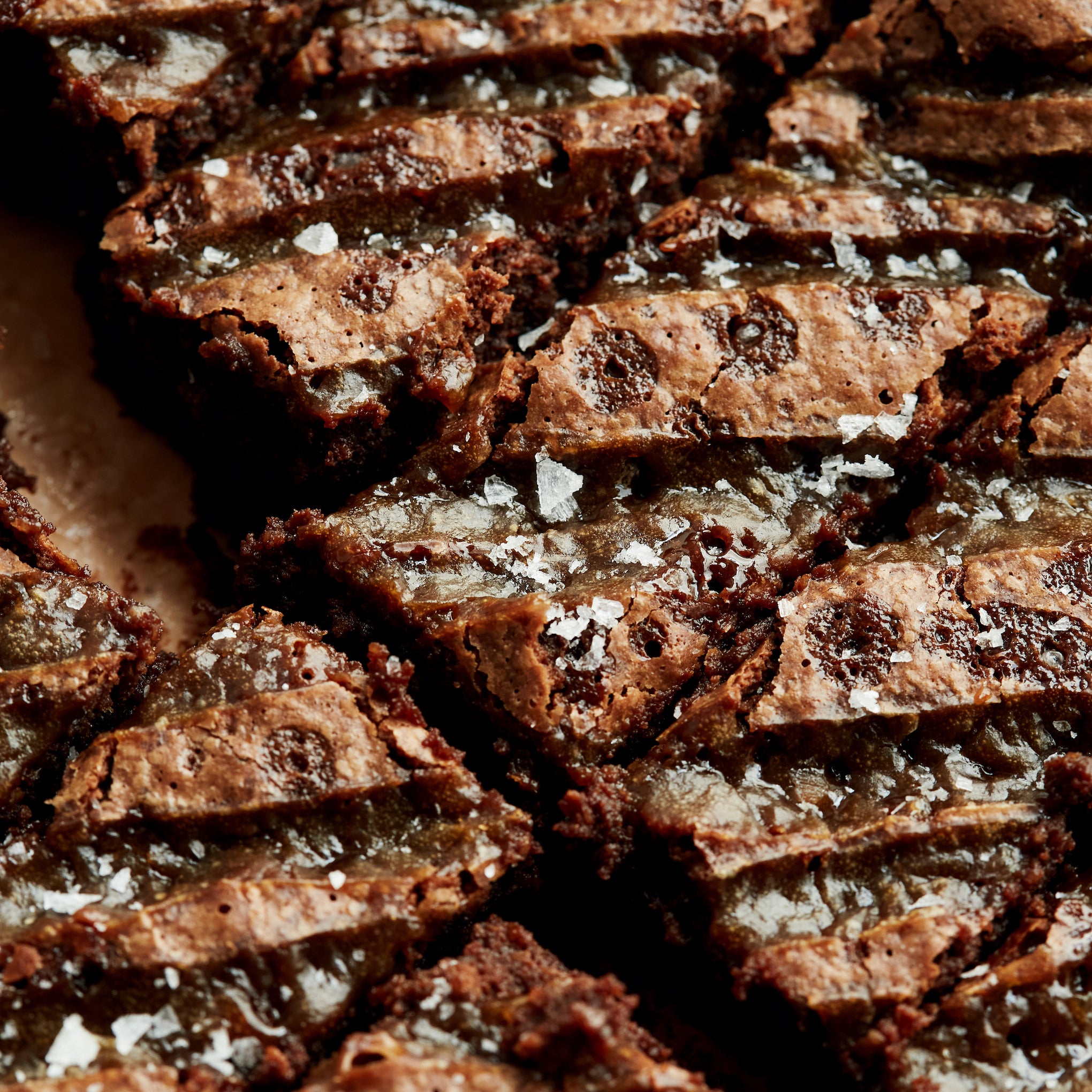 close up of slices of salted caramel brownies