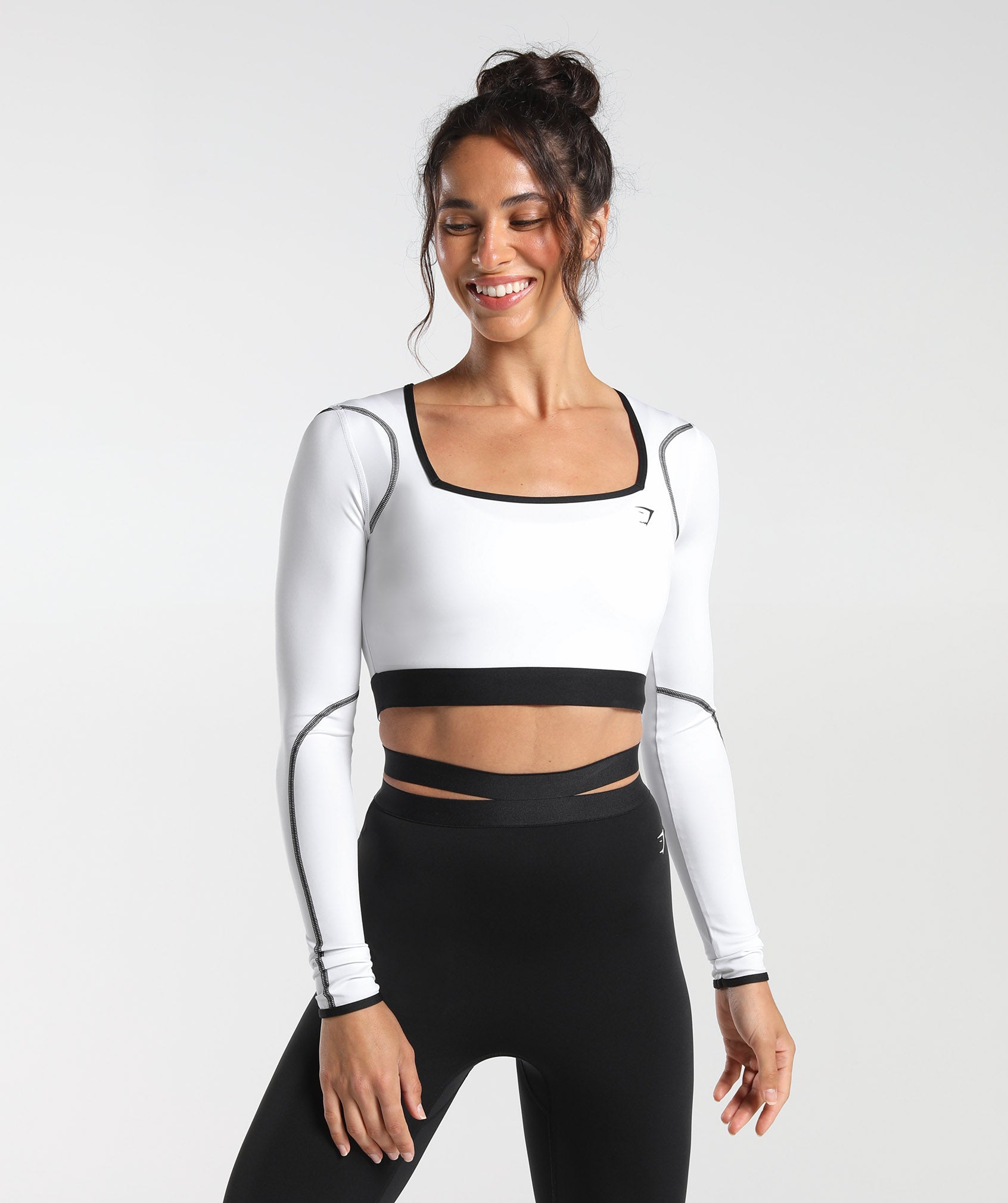 Contrast Long Sleeve Crop Top in White - view 1