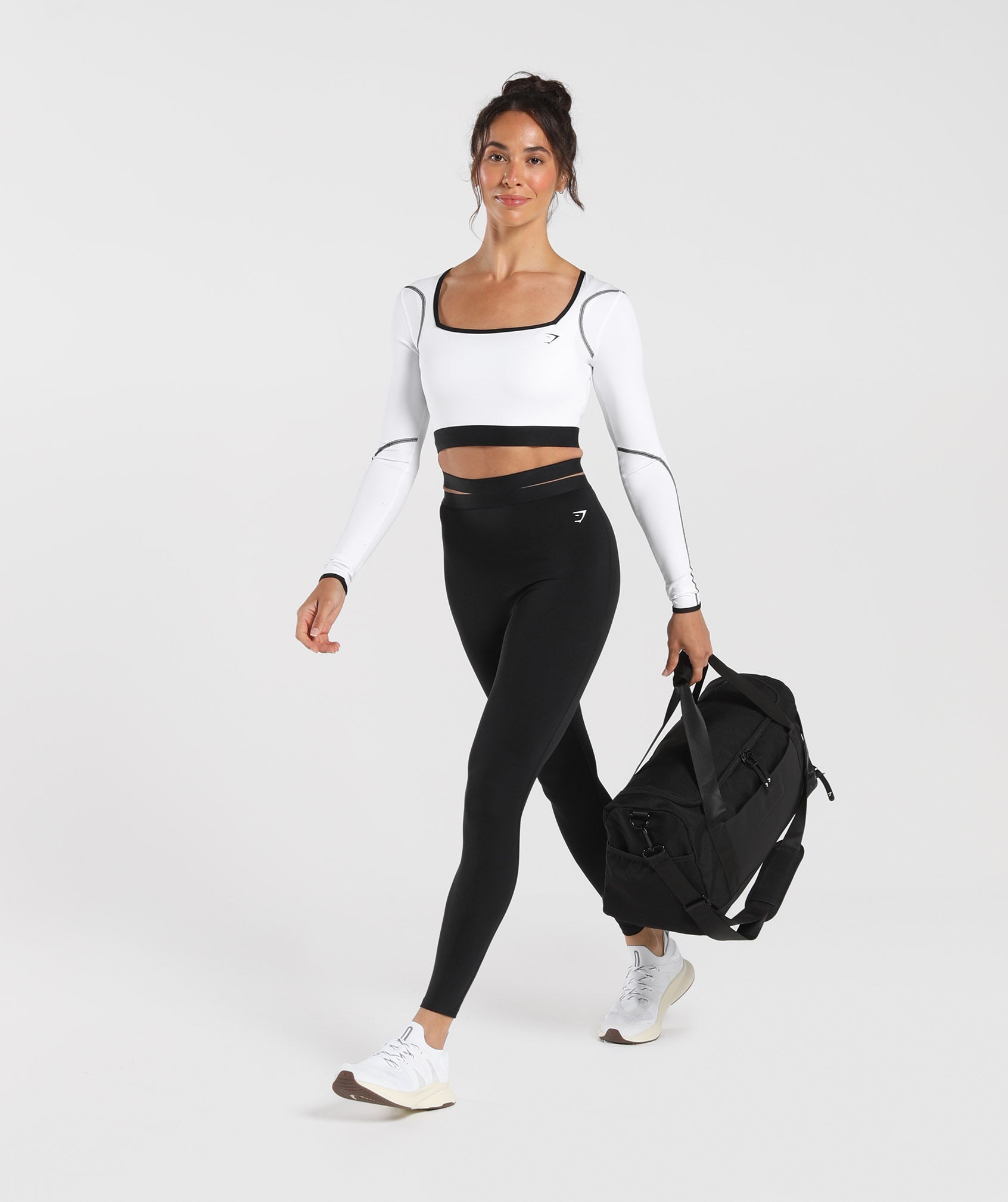 Contrast Long Sleeve Crop Top in White - view 4