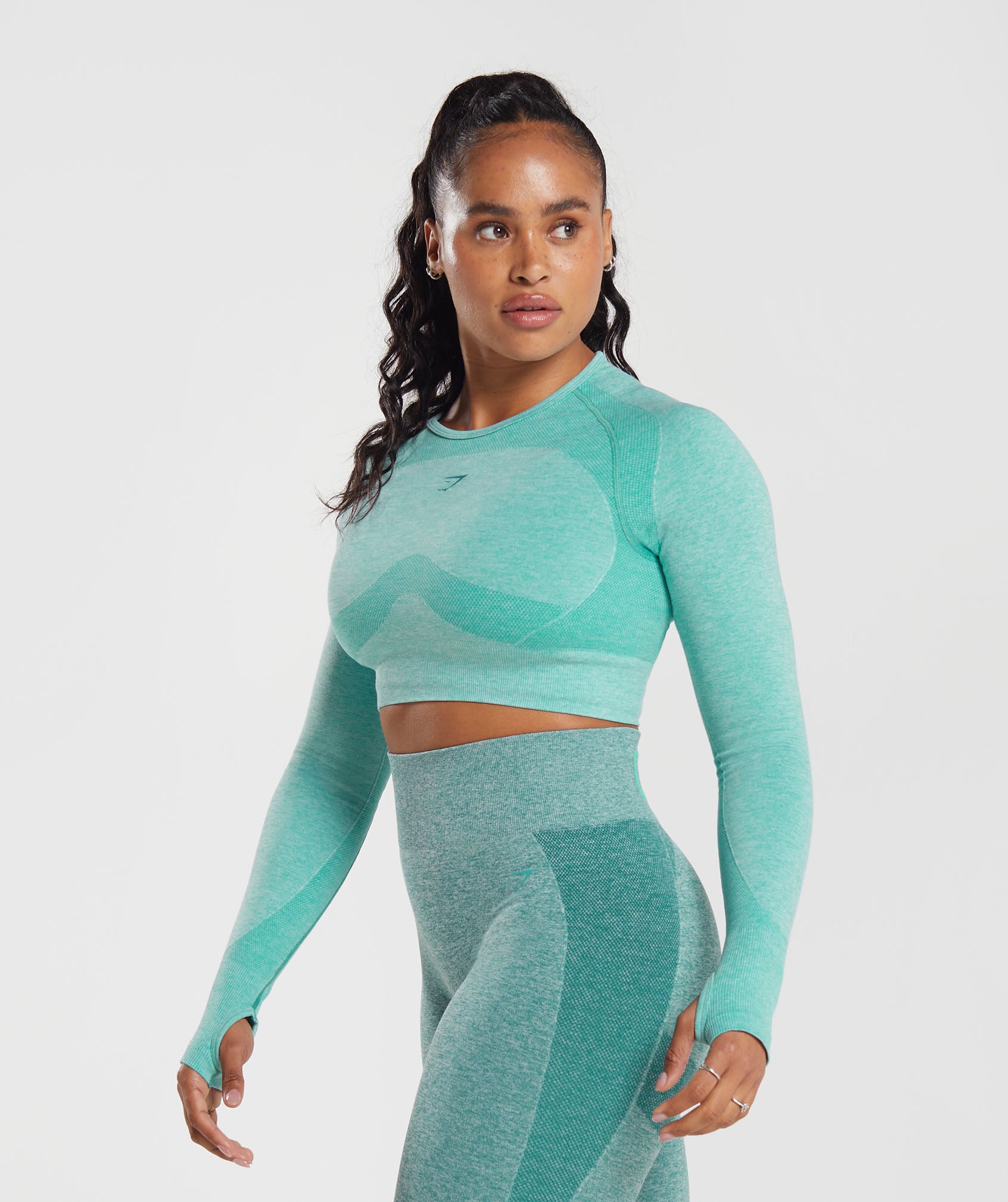 Flex Long Sleeve Crop Top in Cornflower Blue/White Marl/Jewel Green - view 3