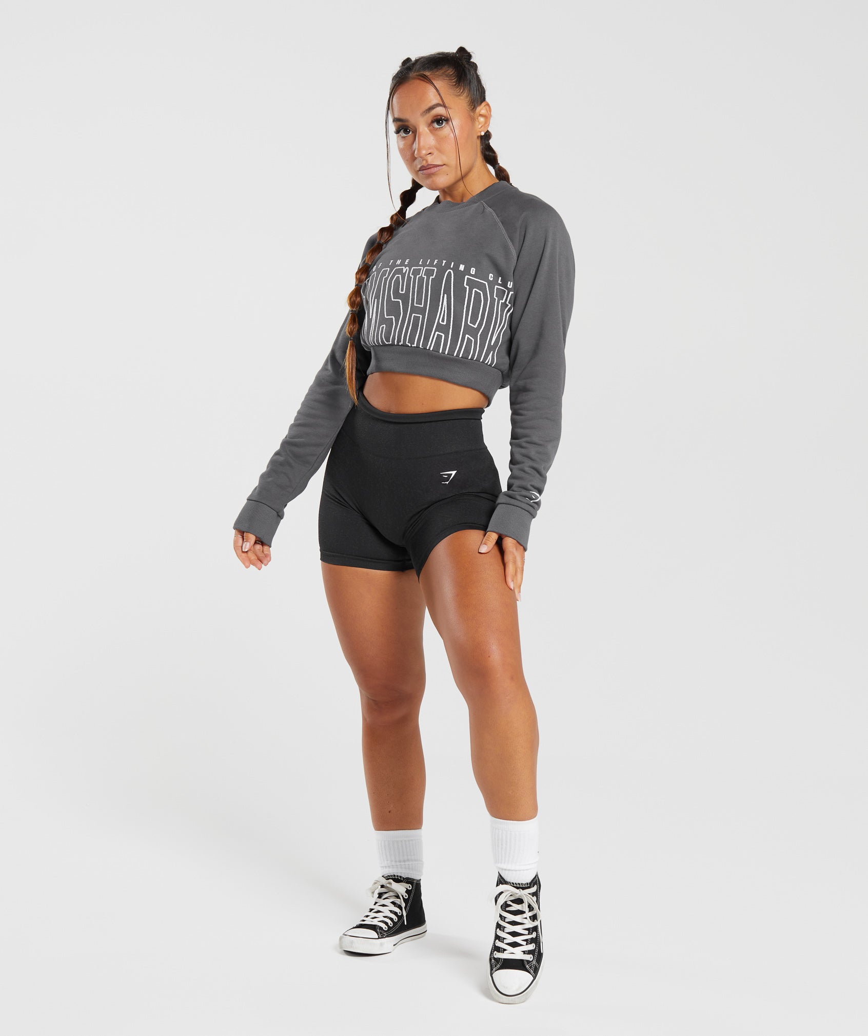 Lifting Graphic Cropped Sweatshirt in Dark Grey - view 4