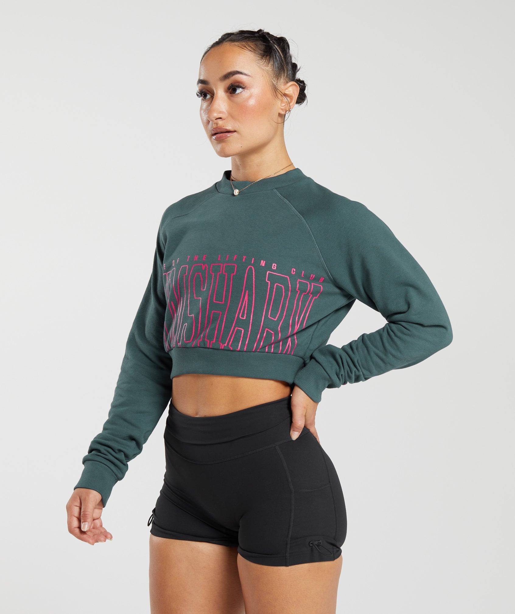 Lifting Graphic Cropped Sweatshirt in Smokey Teal - view 3