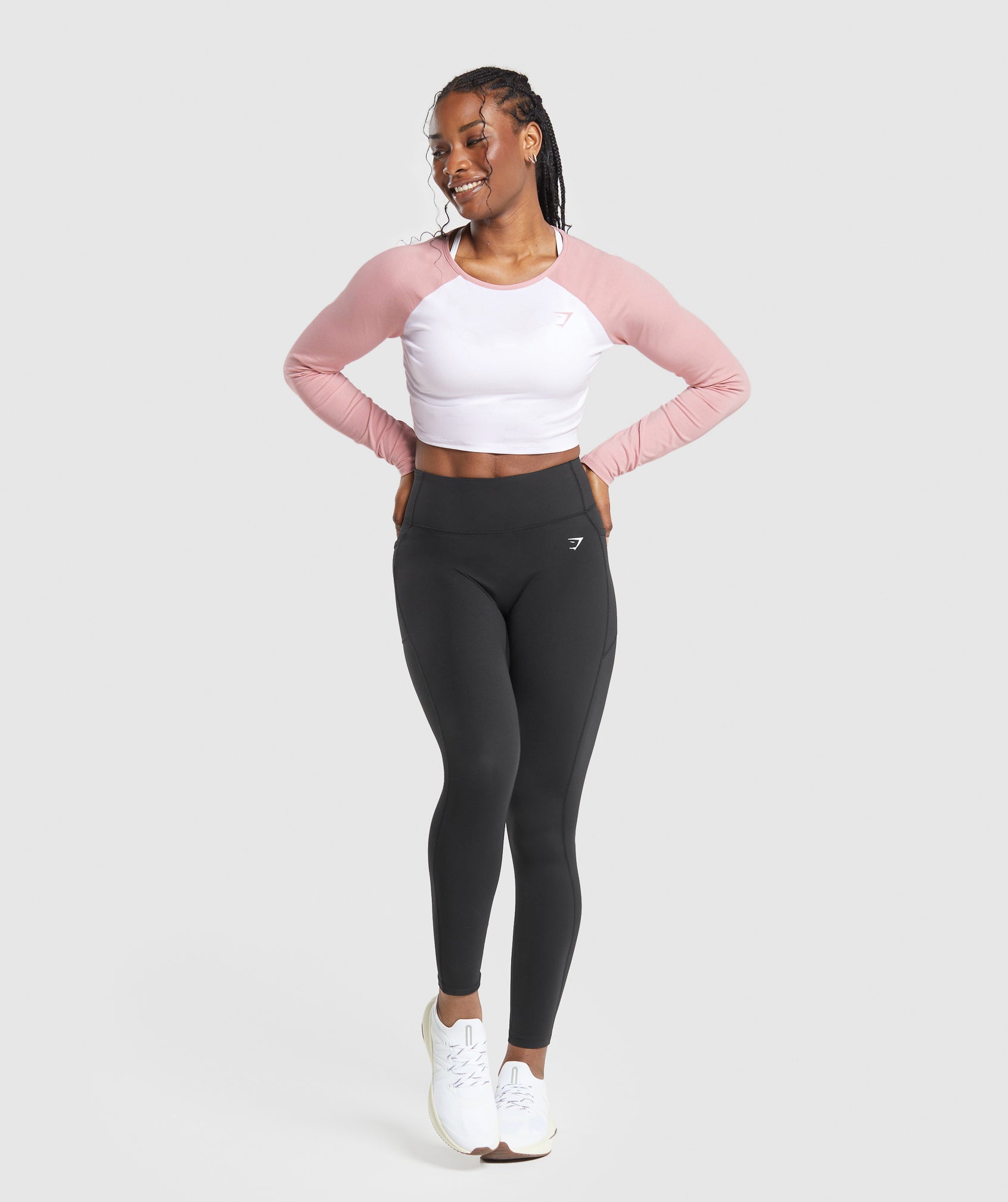 Lifting Essential Long Sleeve Crop Top in White/Light Pink - view 4