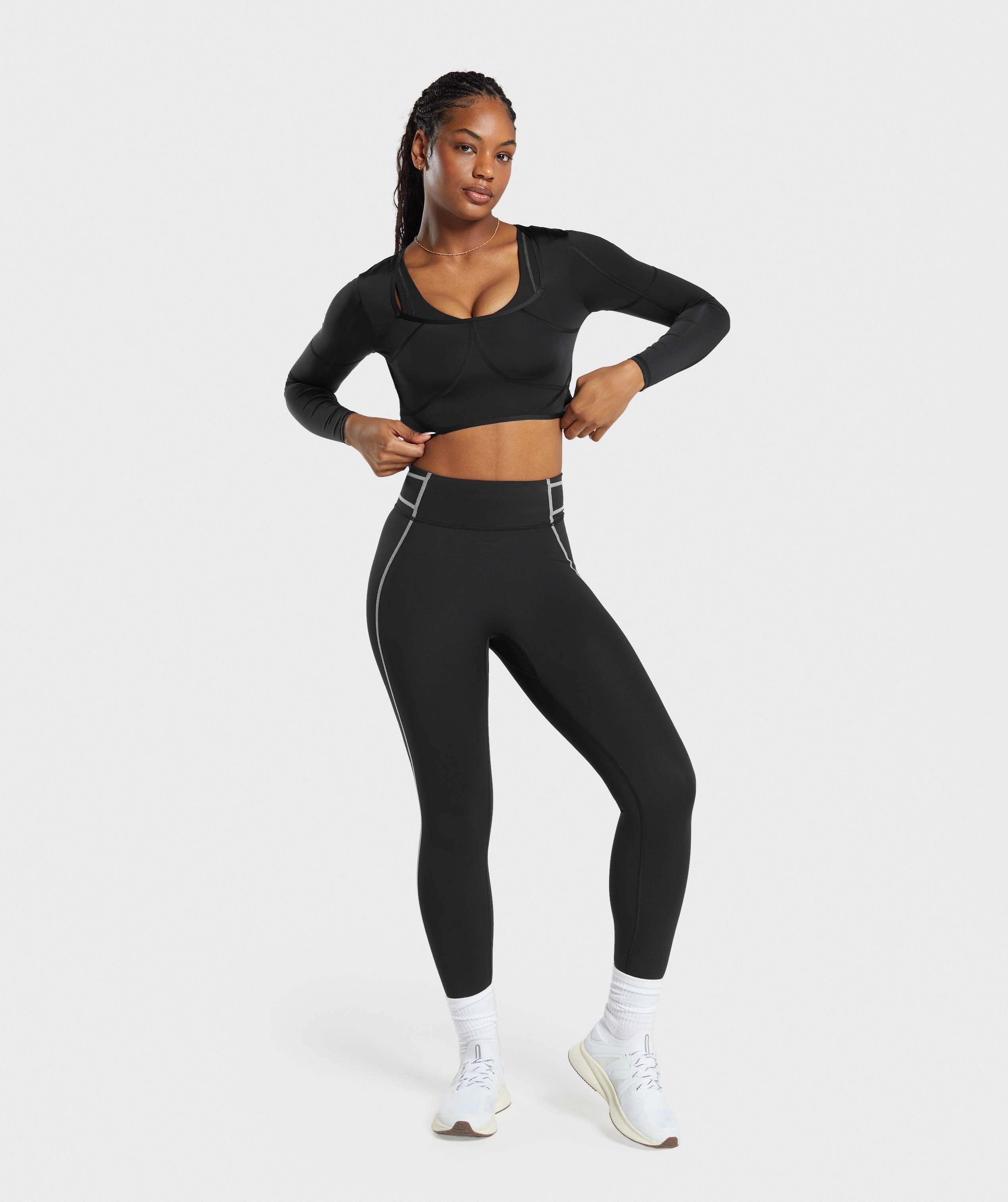 Stitch Feature Long Sleeve Crop Top in Black/Stock Black Marl - view 4