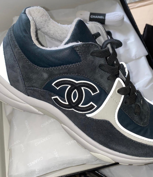 Chanel CC Logo Runner Sneaker Reflective White Black Leather Suede ...