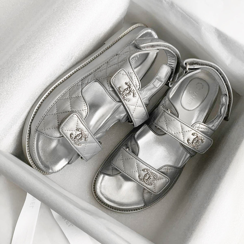 chanel silver flat sandals