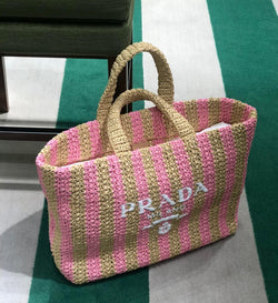 Prada Large Raffia Striped Tote Bag (Tan/Pink) – The Luxury Shopper