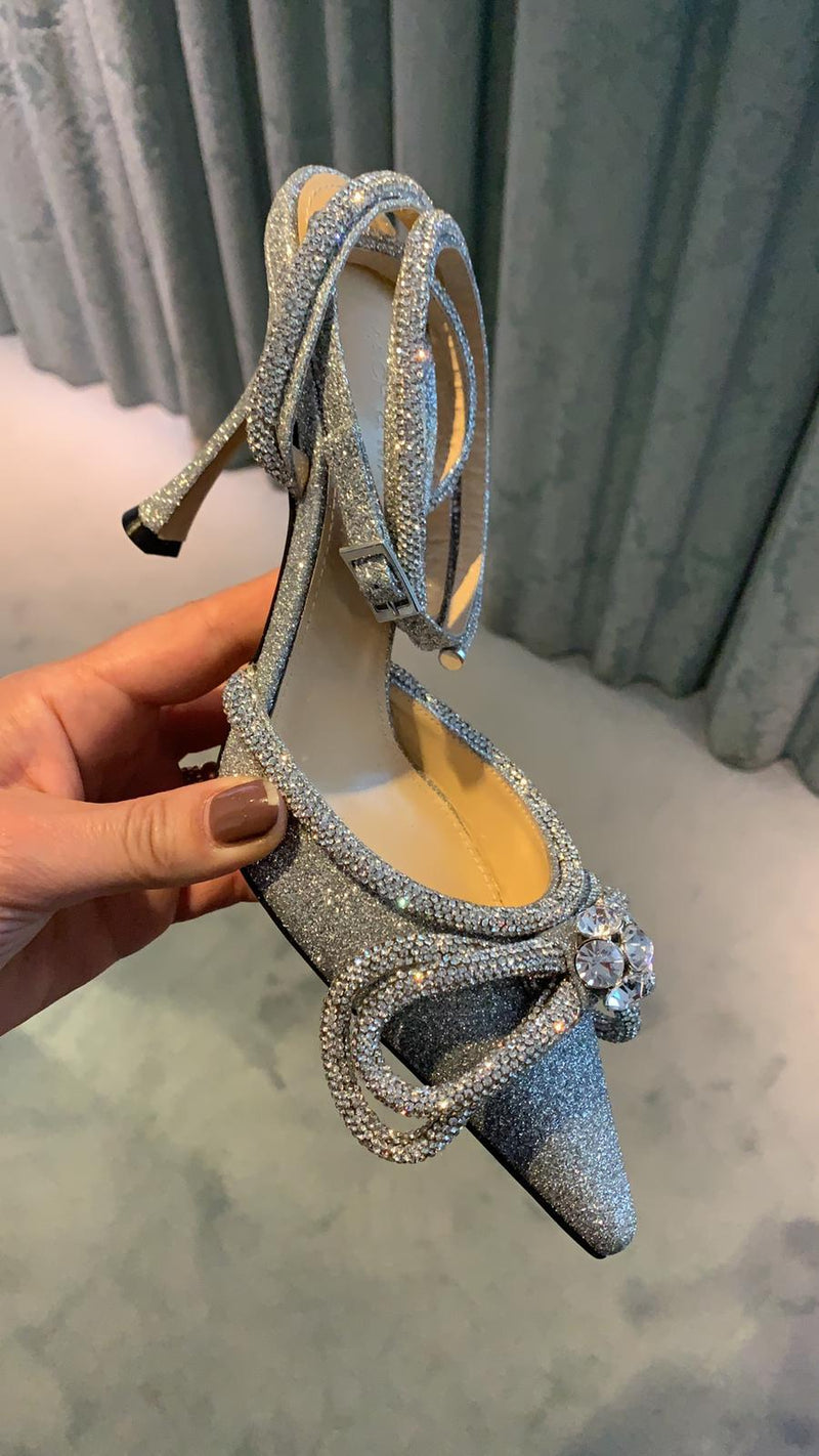 Mach & Mach Double Bow Crystal Silver Glitter Heels – The Luxury Shopper