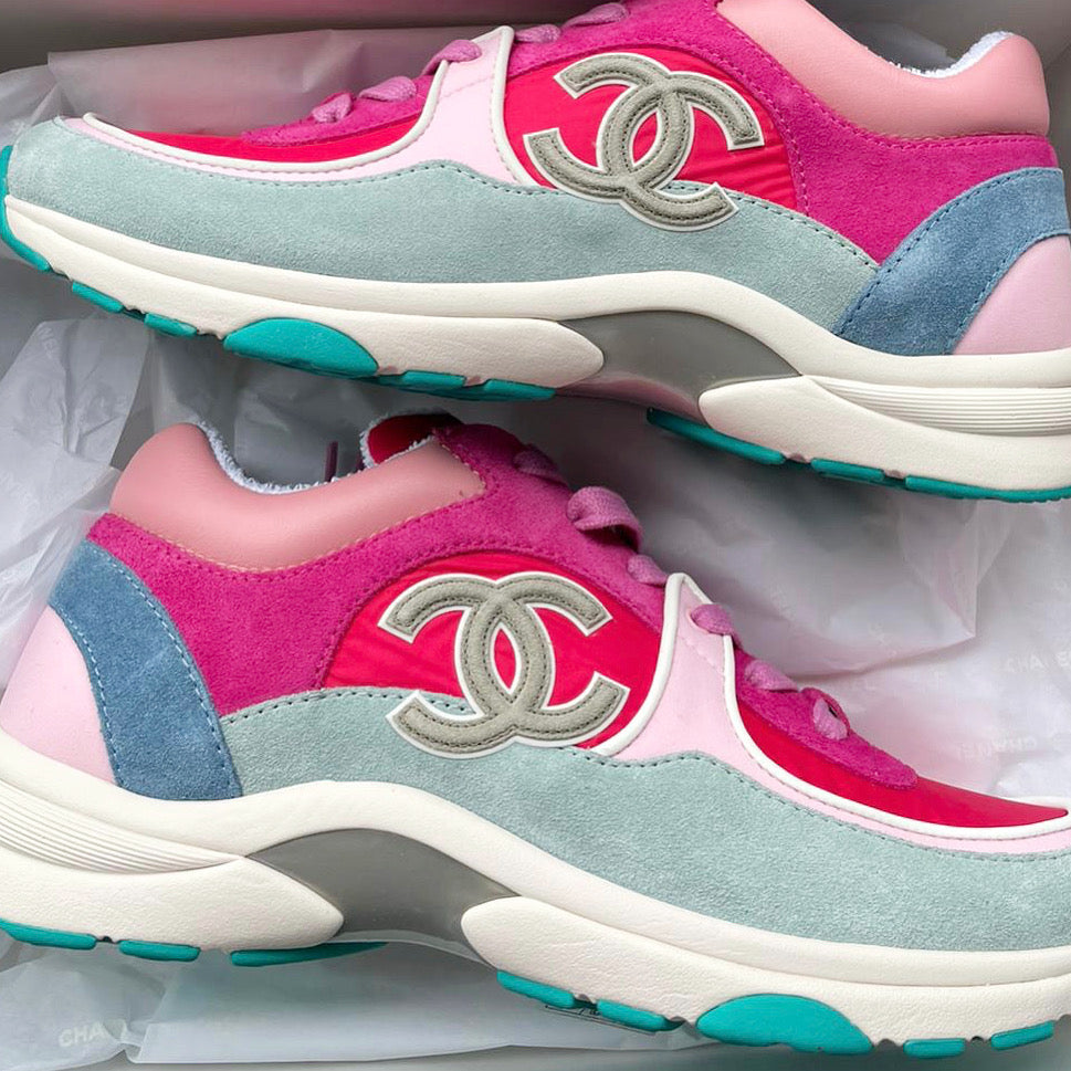 Chanel CC Logo Runner Sneaker Reflective Pink Blue Suede The Luxury