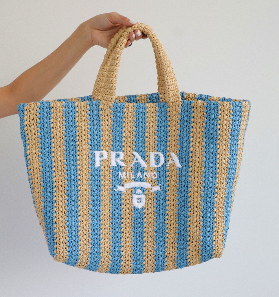 Prada Large Raffia Striped Tote Bag (Tan/Blue) – The Luxury Shopper