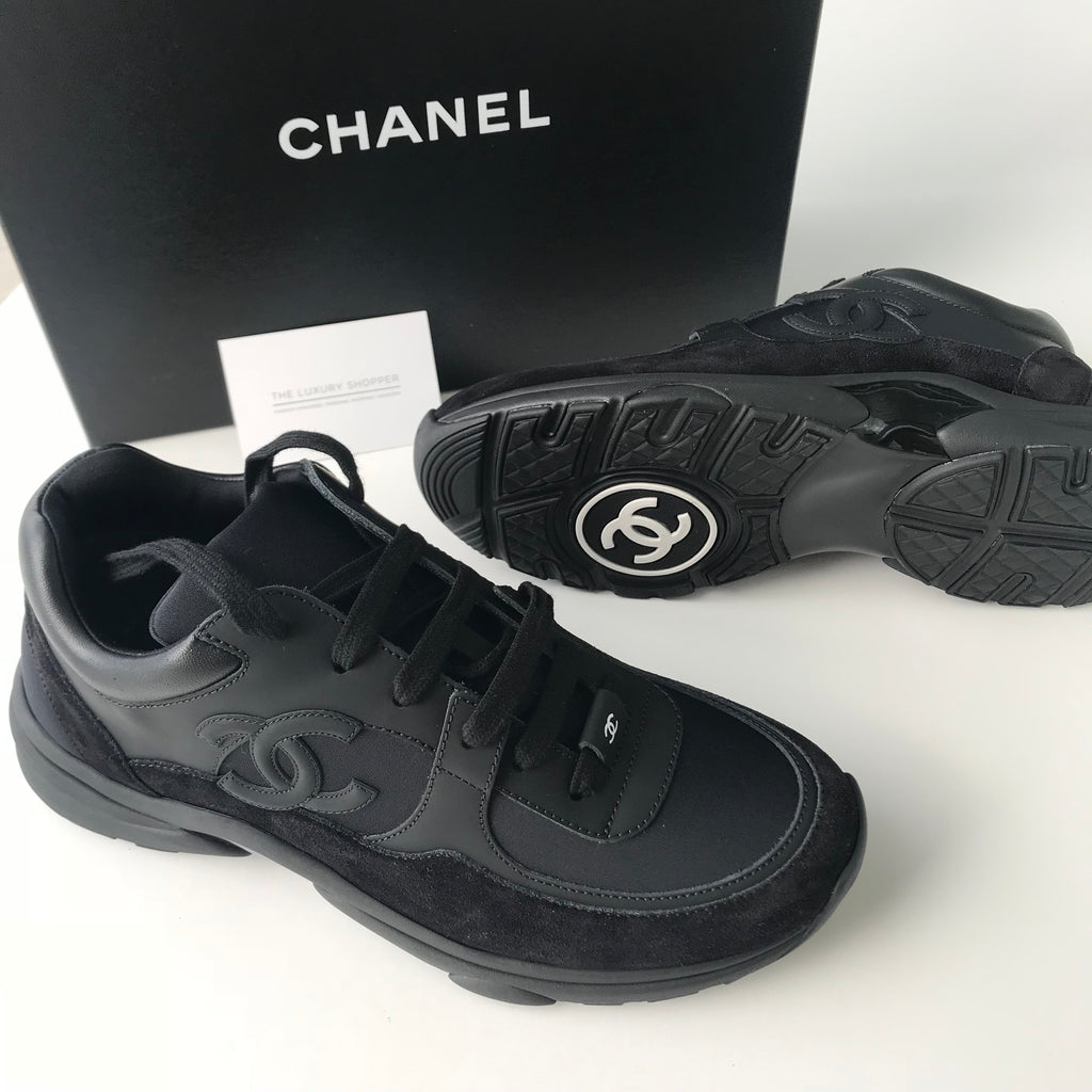 Chanel CC Logo Runner Sneaker Triple Black Leather Suede – The Luxury ...