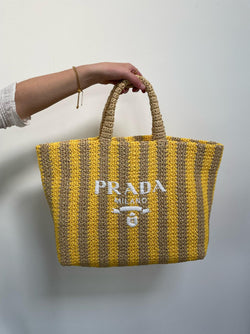 Prada Large Raffia Striped Tote Bag (Tan/Yellow) – The Luxury Shopper