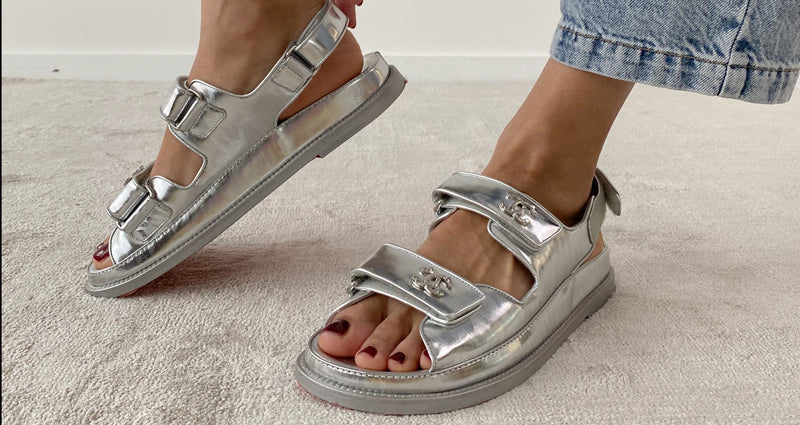 Chanel Metallic Silver Leather CC 'Dad' Sandals (C22) – The Luxury Shopper