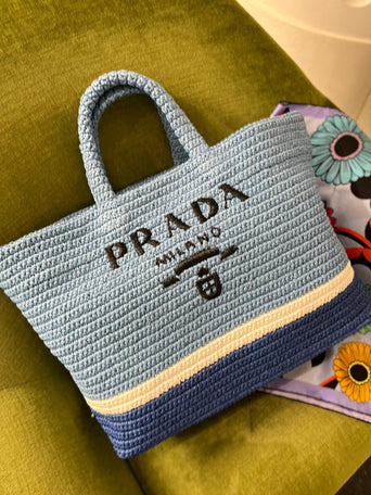 NEW PRADA Small Tan Blue Striped Raffia Logo Tote Bag Naturale Celeste