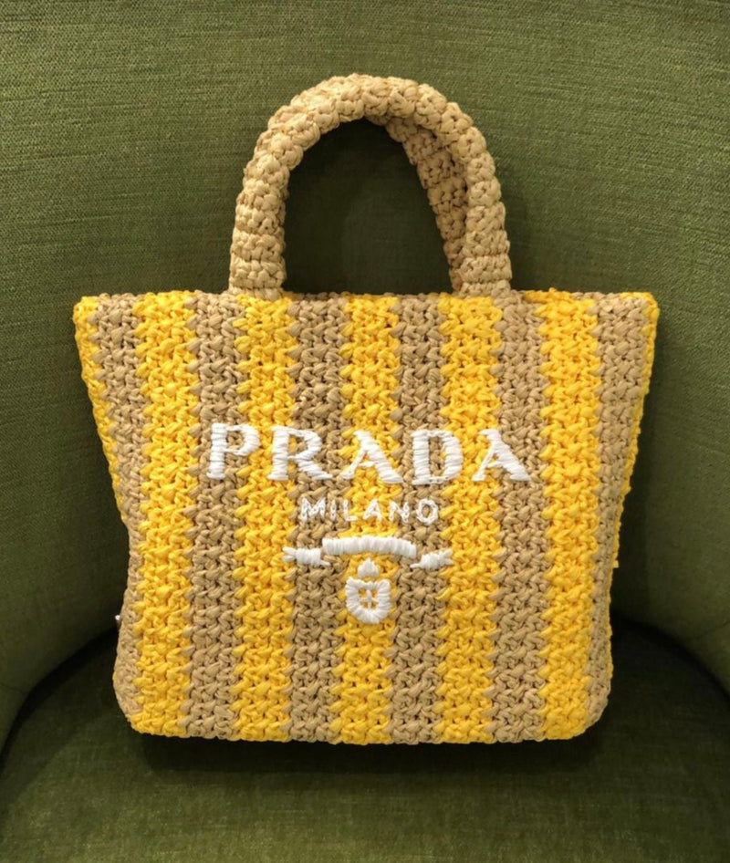 Prada Small Raffia Striped Tote Bag (Tan/Yellow) – The Luxury Shopper