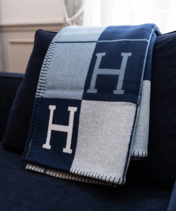 blue and white hermes blanket