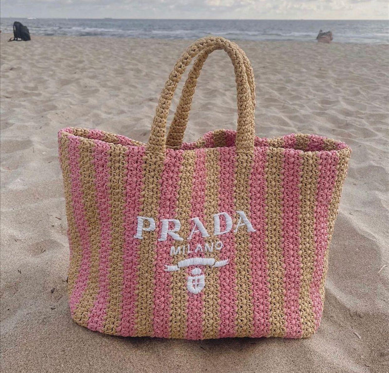 Prada Large Raffia Striped Tote Bag (Tan/Pink) – The Luxury Shopper