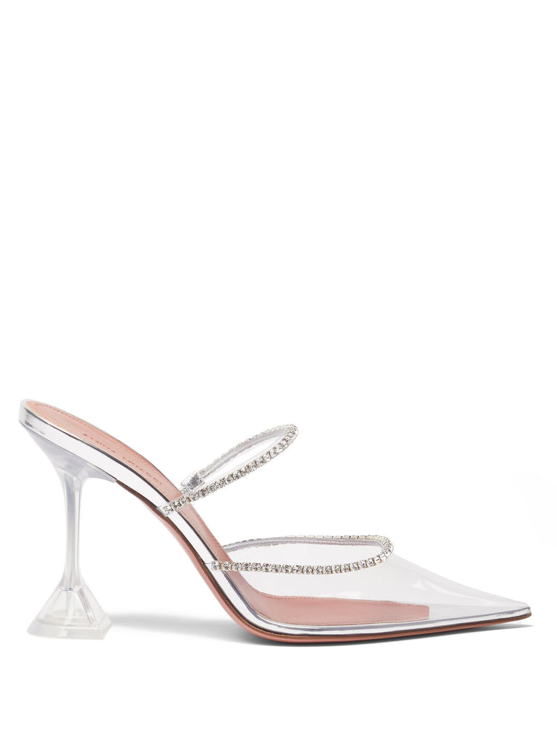 Amina Muaddi Gilda Crystal Embellished PVC Mules – The Luxury Shopper