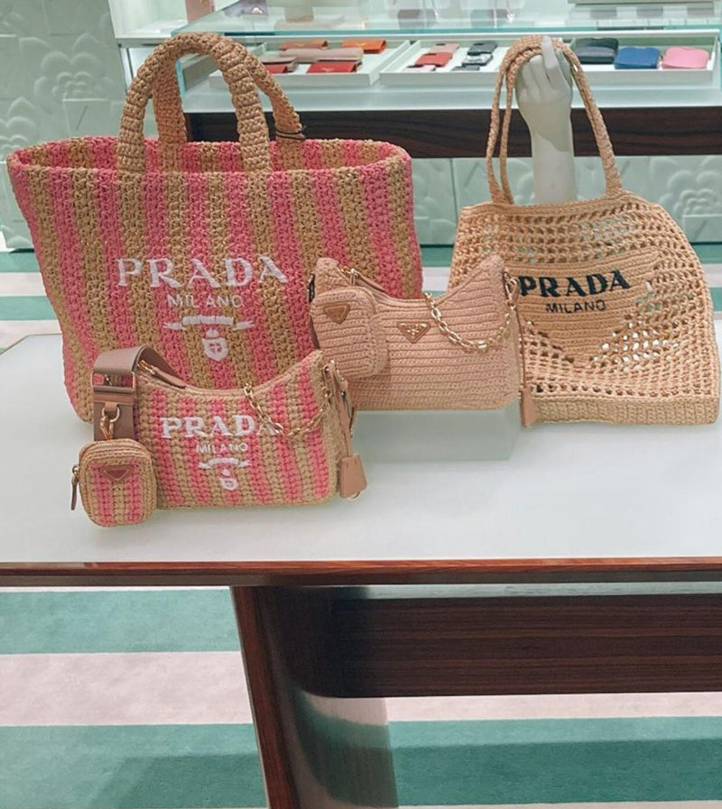 Prada Large Raffia Striped Tote Bag (Tan/Pink) – The Luxury Shopper