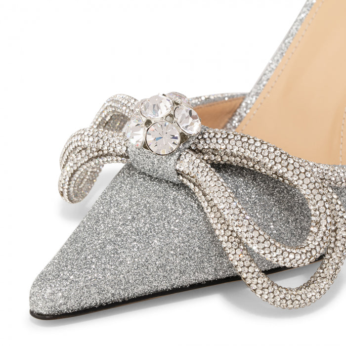 Mach & Mach Double Bow Crystal Silver Glitter Heels – The Luxury Shopper