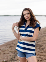 Collared Short Sleeve Stripe TopKnit tops