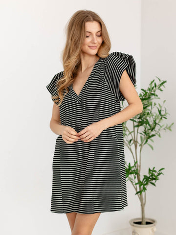 Striped Ruffle Sleeve V-Neck DressDress