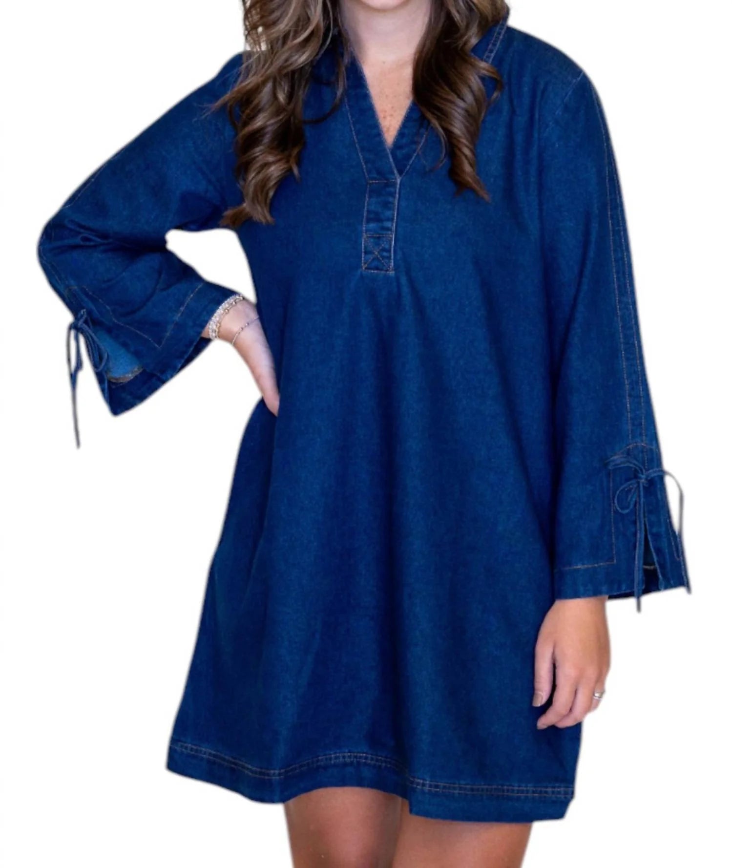 Entro Denim Dress W/Slit Sleeves & Cinch Waist With Tie Back
