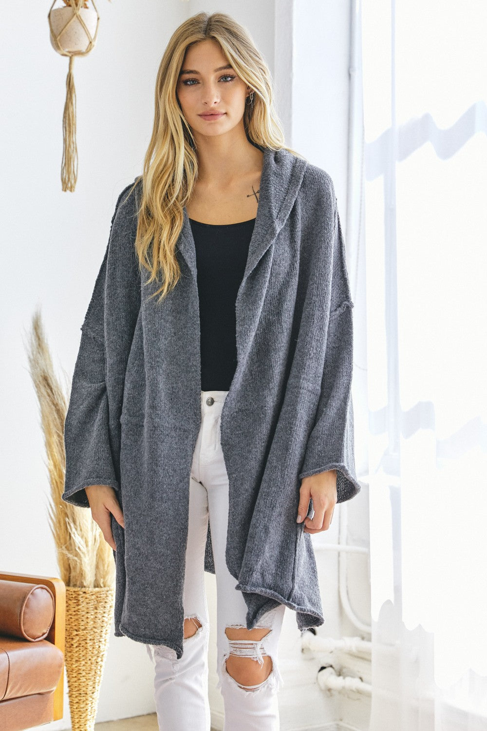 Davi & Dani Charcoal Oversized Open Cardigan with Hood – The Clothing ...