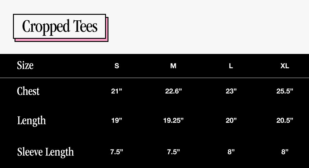 cropped tees size chart