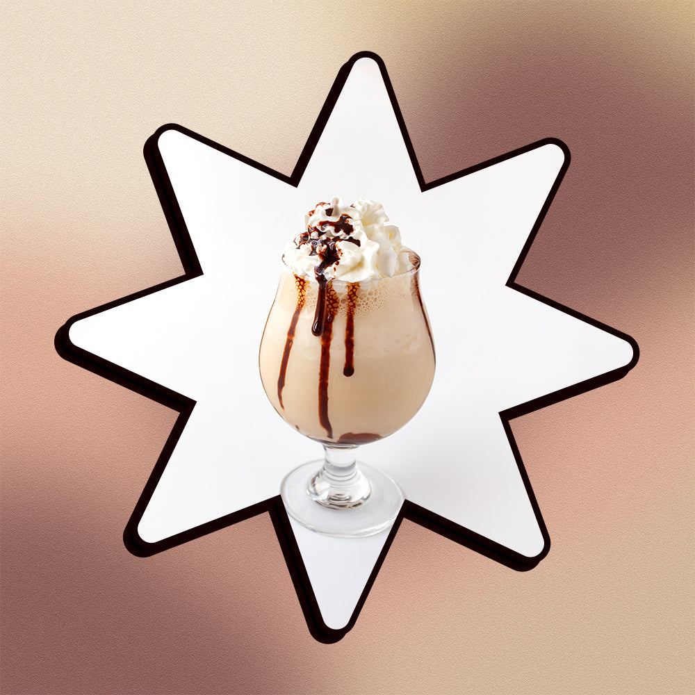 An Irish coffee milkshake in a star shape on a mesh gradient background.