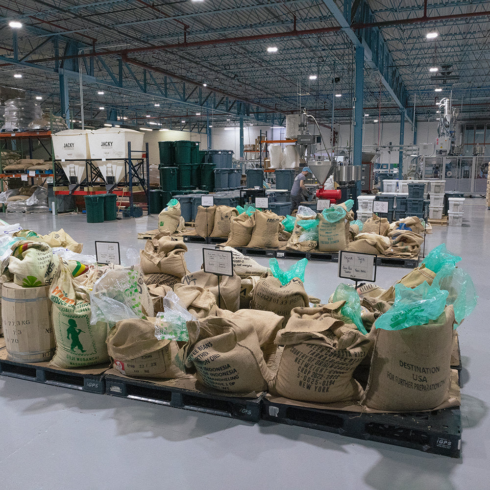 Pallets of upright burlap coffee sacks in a coffee production facility.