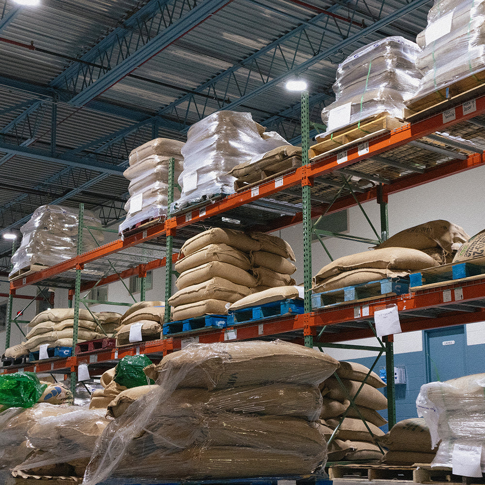 Industrial racks of burlap coffee sacks stacked nearly to the ceiling.