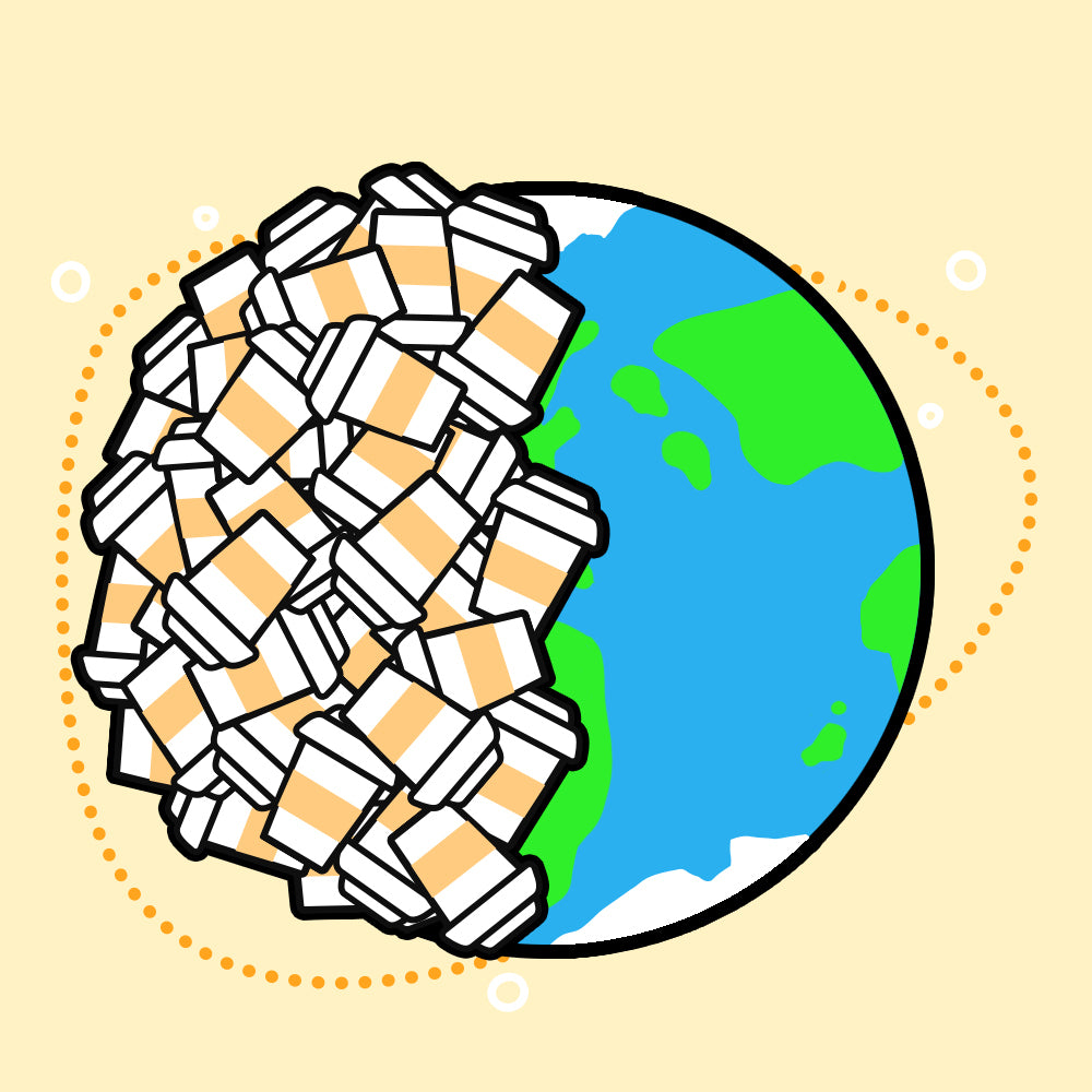Sketch of half the world full of paper coffee cups