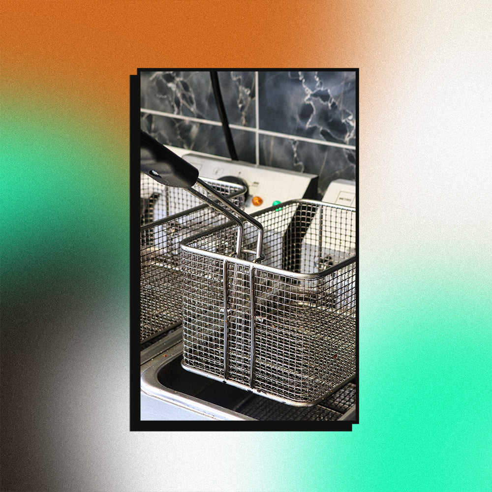 An image of a restaurant deep fryer on a mesh gradient background.