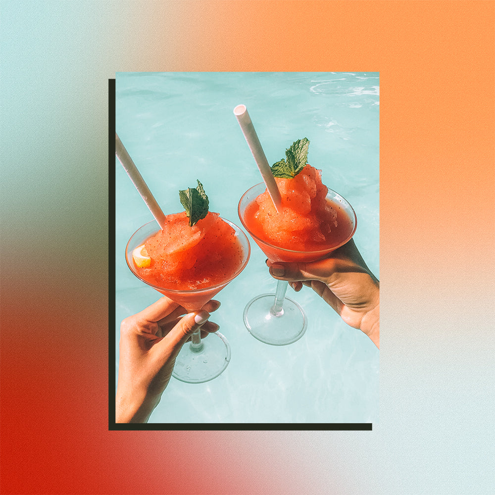 Image of sorbet in martini glasses on a mesh gradient background.