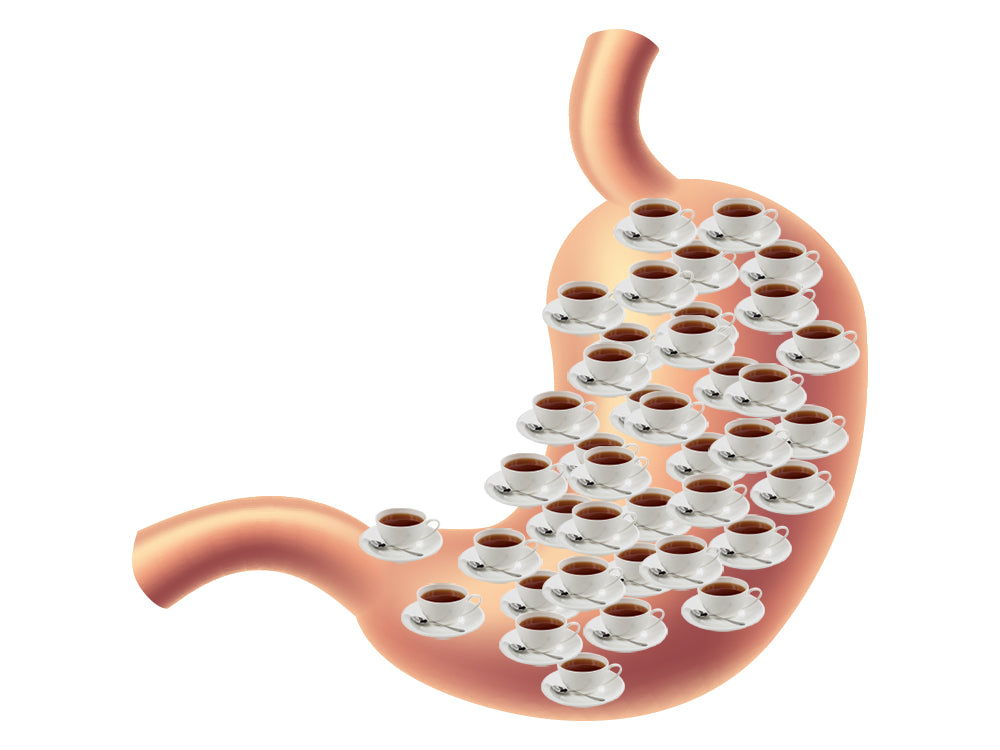 An illustration of a stomach with 40 cups of black tea overlaid.