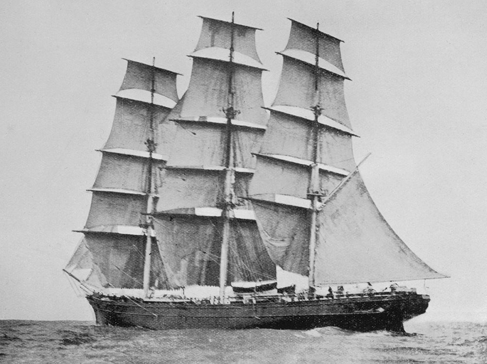 A black-and-white photo of the Cutty Sark, a now-decommissioned tea clipper.