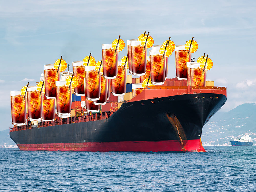 A freighter with many glasses of iced tea Photoshopped on top of it.