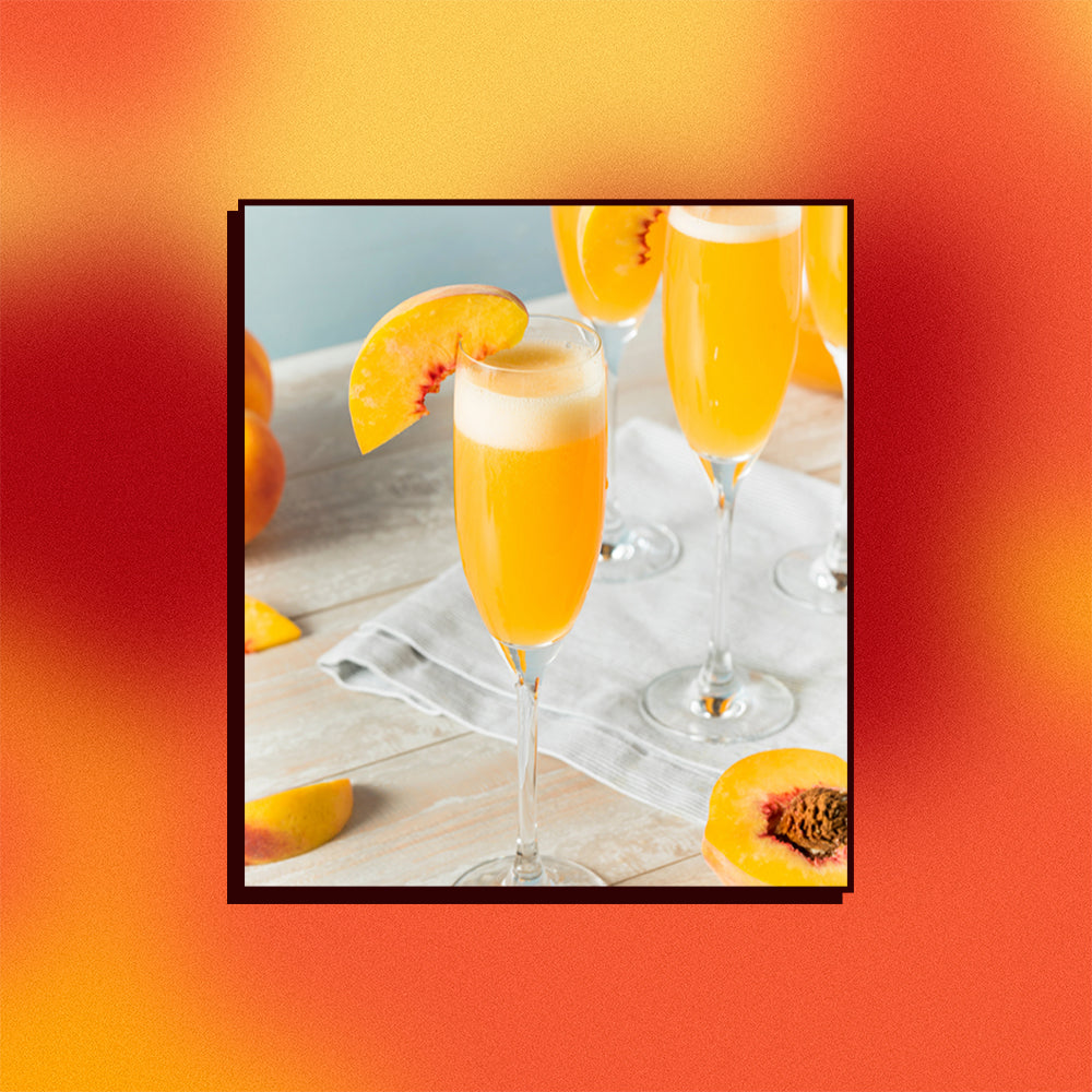 An image of a peach bellini on a mesh gradient background.