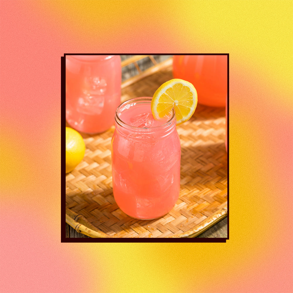 An image of an orange blossom oolong lemonade on a woven server on a mesh gradient background.