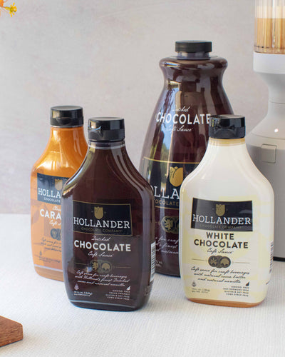 Various chocolate and caramel sauces.