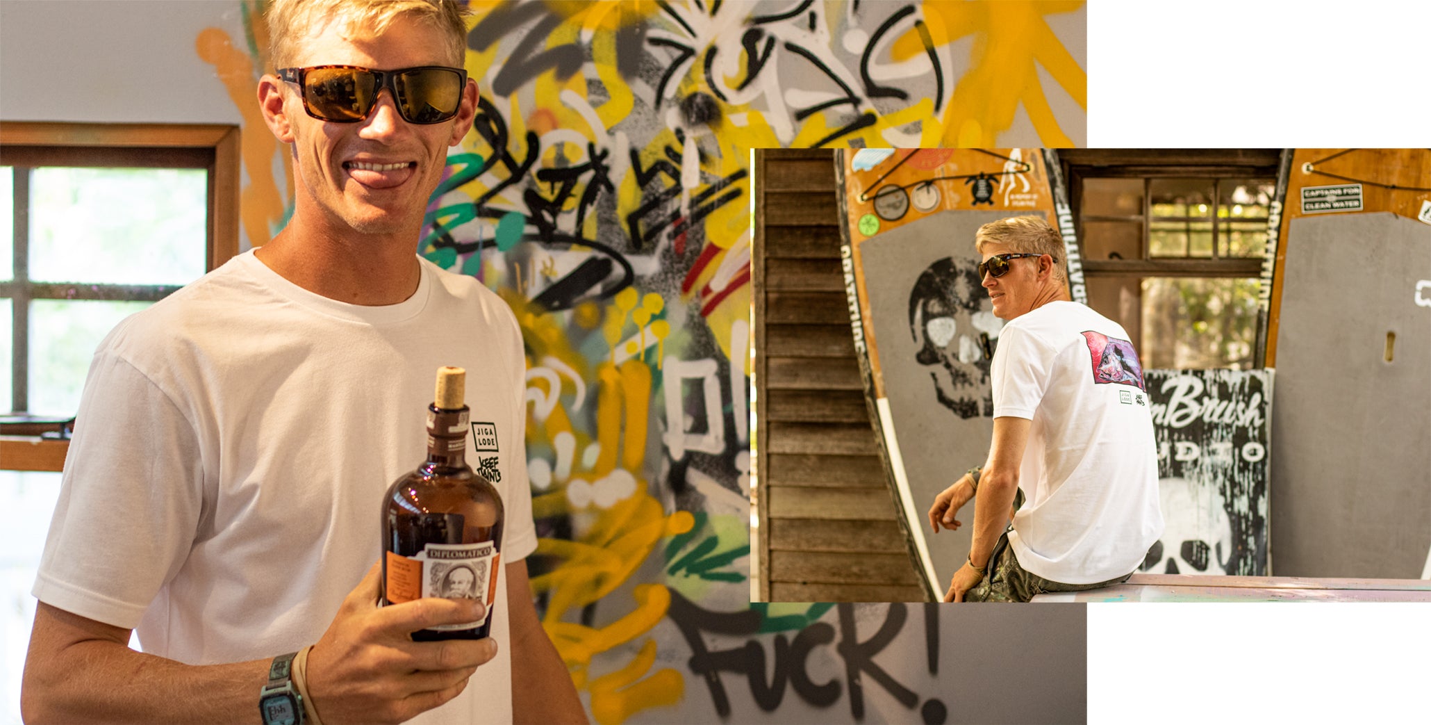 Keith Ousley a.k.a Keef Paints hanging out at Rum Brush Studio in Islamorada with a bottle of rum.