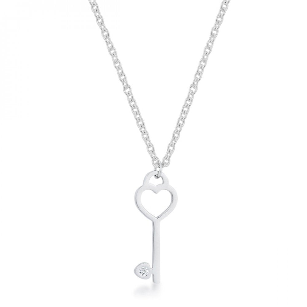 Kina 0.015ct Cz Rhodium Stainless Steel Key Drop Necklace