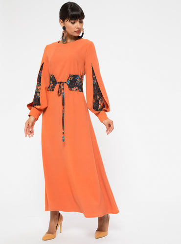 FLORAL INSERT SLEEVE ORANGE DRESS - Store WF