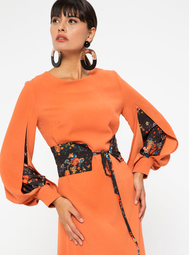 FLORAL INSERT SLEEVE ORANGE DRESS - Store WF