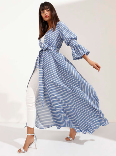 White Striped Blue Kimono with Cuffed Sleeve Detail - Store WF